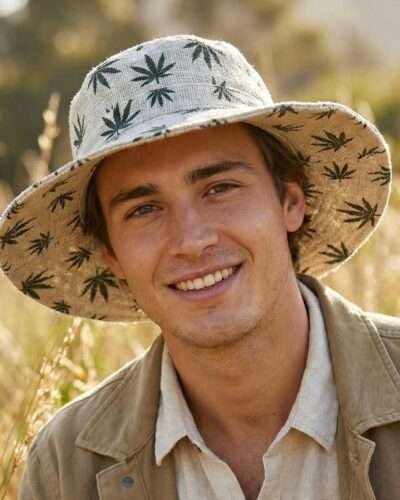 a man wearing hemp printed hemp hat