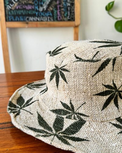closeup view of hemp leaf printed hemp hat