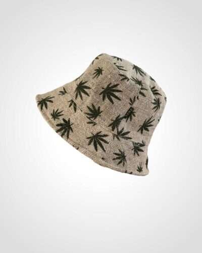 hemp bucket hat with hemp leaves print in plain background