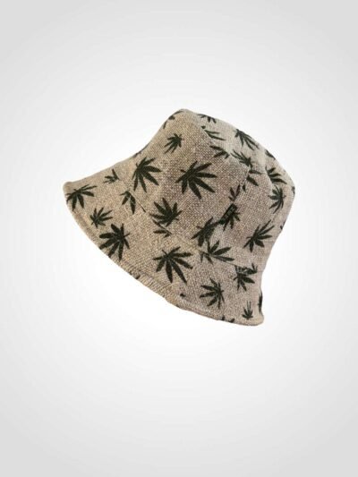 hemp bucket hat with hemp leaves print in plain background