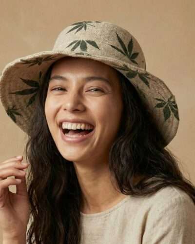a smiling woman wearing hemp leaf printed hemp hat