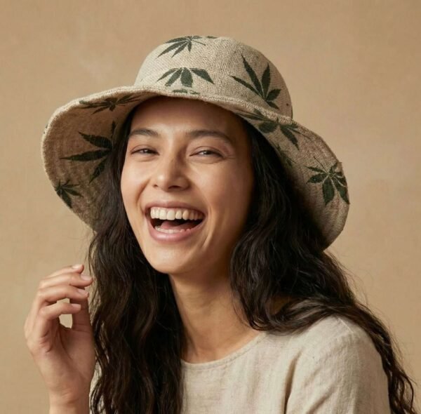 a smiling woman wearing hemp leaf printed hemp hat