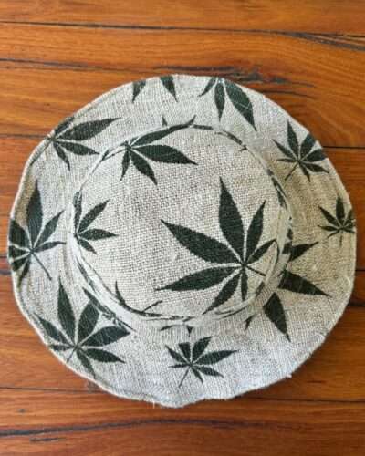 large hemp print hat on a table