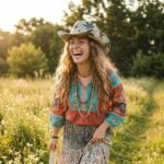 Large Leaf Print Hemp Hat - Wide Brim