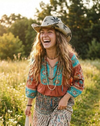 large hemp print hat model woman