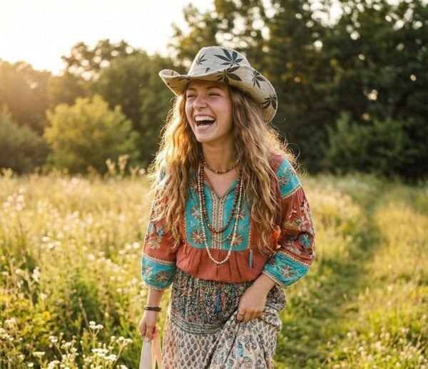 large hemp print hat model woman