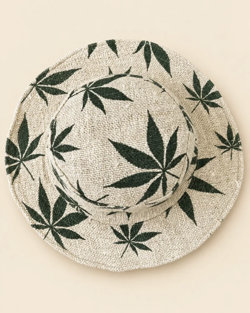 Large Leaf Print Hemp Hat - Wide Brim - Image 6