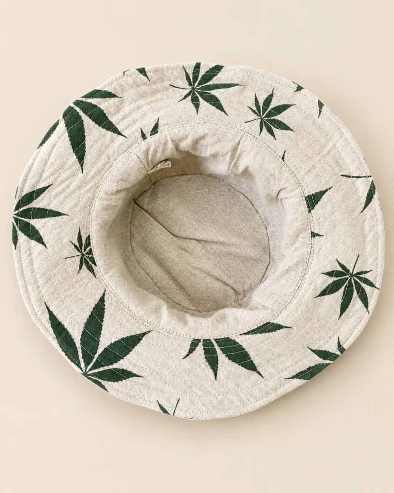 Inside view of Large Leaf Print Hemp Hat showing the natural fabric lining, stitched wide brim and dark green leaf print.