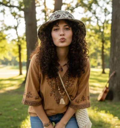 a woman wearing mushroom printed wide brim hemp hat