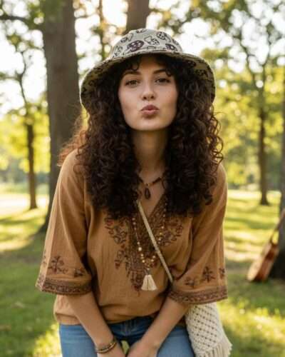 a woman wearing mushroom printed wide brim hemp hat