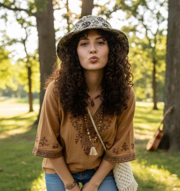 a woman wearing mushroom printed wide brim hemp hat