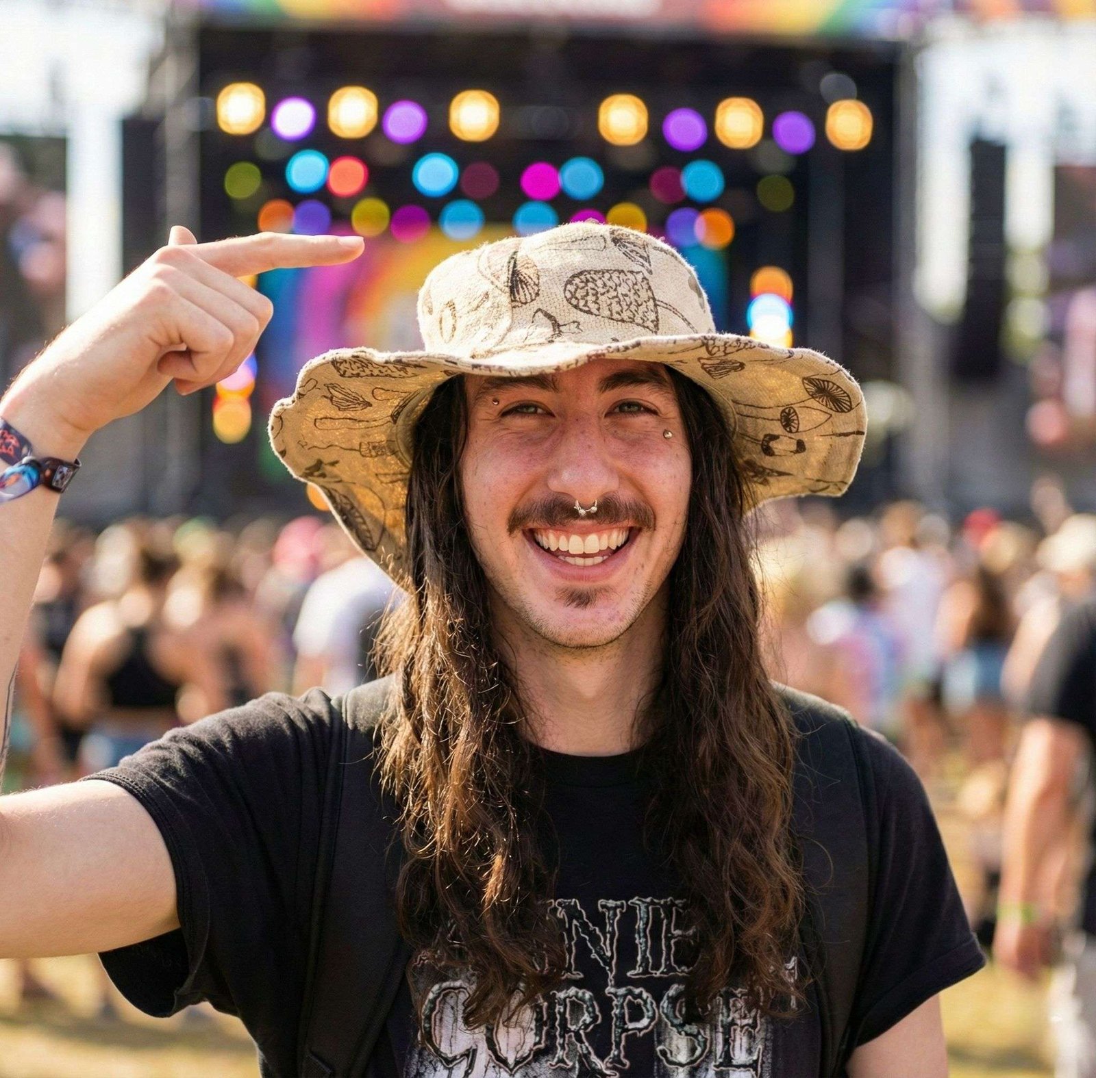 mushroom printed hat worn by a man in a festival