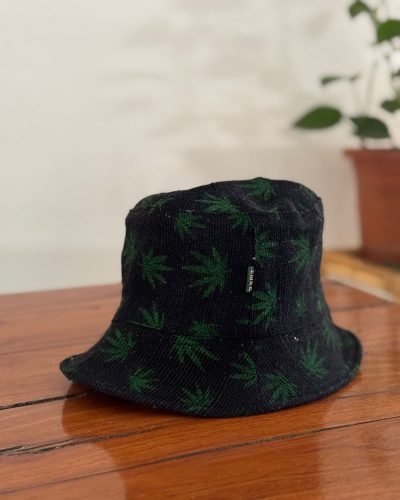 hemp leaf printed bucket hat in black color