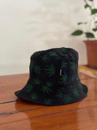 hemp leaf printed bucket hat in black color