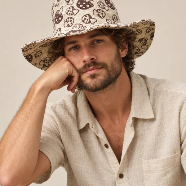 Small Mushroom Print Hemp Hat - Wide Brim