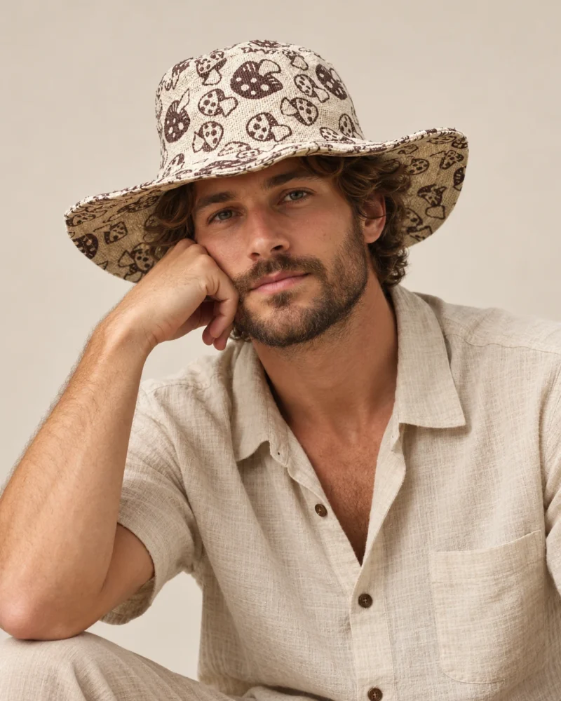 male model Maya wearing a beige wide-brim Himalayan hemp hat with brown mushroom print and natural linen shirt against a beige studio background.