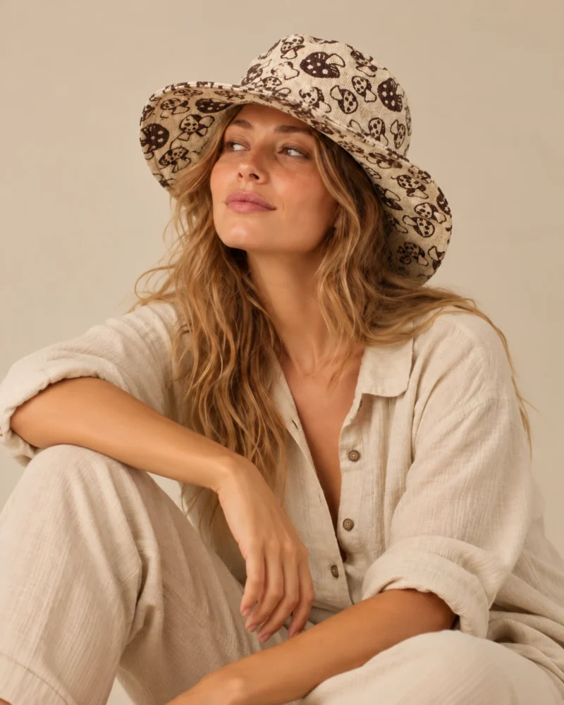 Female model Maya wearing a beige wide-brim Himalayan hemp hat with brown mushroom print and natural linen shirt against a beige studio background.