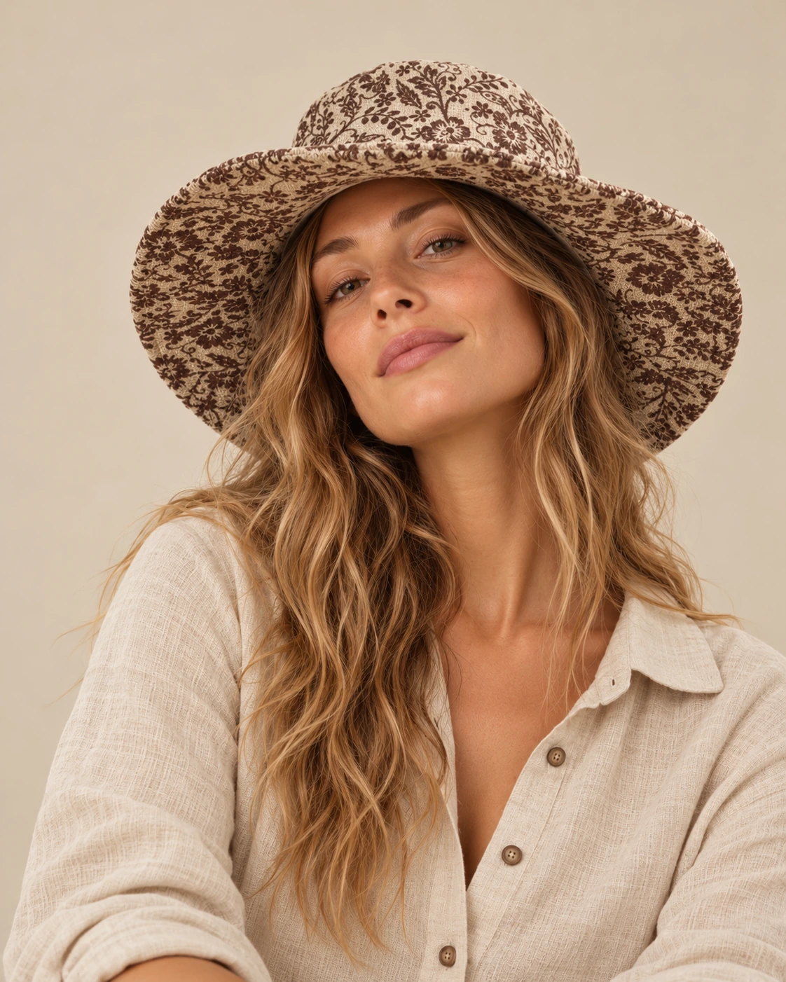 Female model Maya wearing a beige wide-brim Himalayan hemp hat with brown floral print and natural linen shirt against a beige studio background.