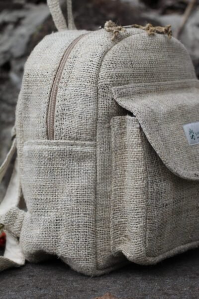 beige hemp mini backpack zoom side view