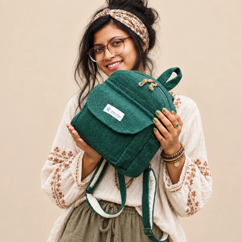 green hemp mini backpack carried by a woman