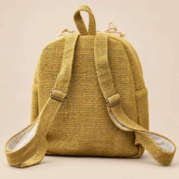 Adjustable straps on mustard hemp mini backpack