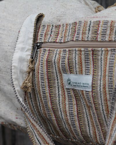 Spread Maya's handmade hemp duffle bag with front view