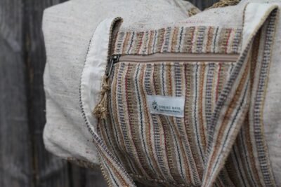 Spread Maya's handmade hemp duffle bag with front view