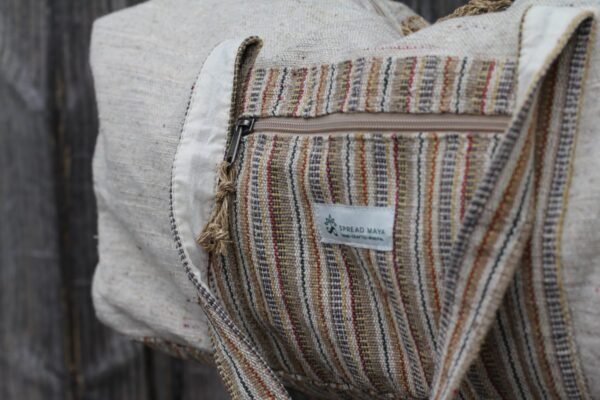 Spread Maya's handmade hemp duffle bag with front view