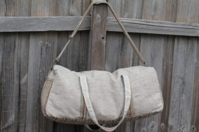 handmade hemp duffle bag with earthy woven front pocket, made in Nepal
