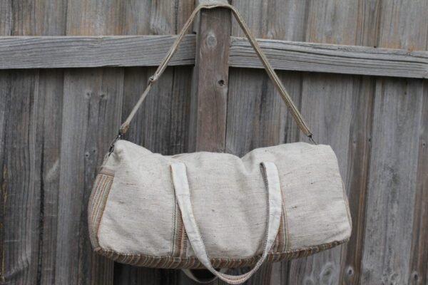 handmade hemp duffle bag with earthy woven front pocket, made in Nepal