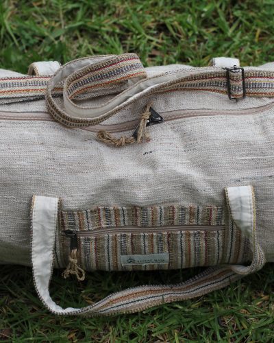 Top view of hemp duffle bag with woven front pocket made in Nepal