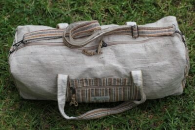 Top view of hemp duffle bag with woven front pocket made in Nepal
