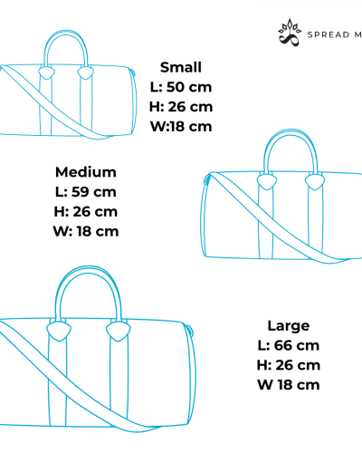 Different sizes measurement of natural duffle bags