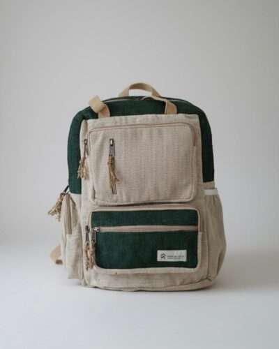 green maternity hemp backpack in plain background