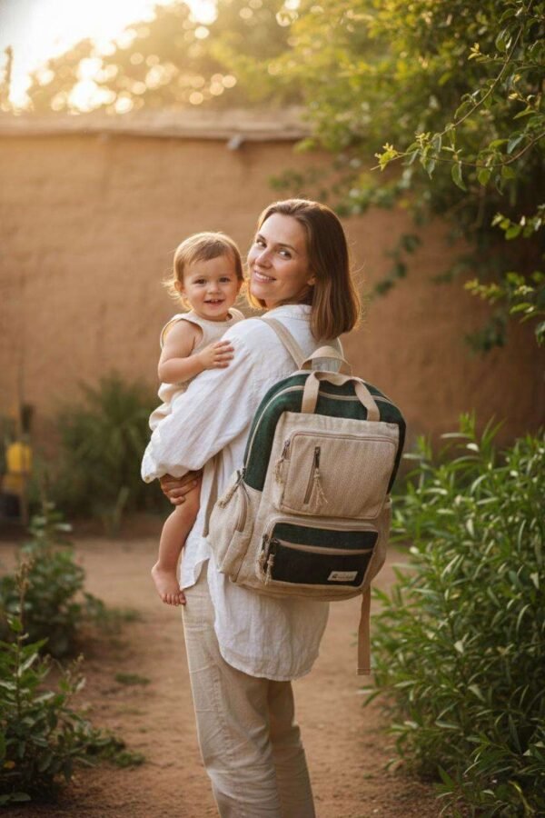 a woman carrying hemp maternity backpack