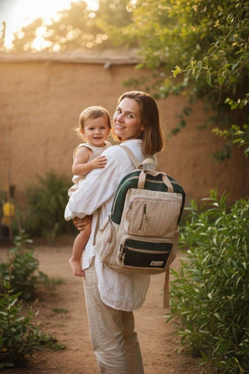 a woman carrying hemp maternity backpack