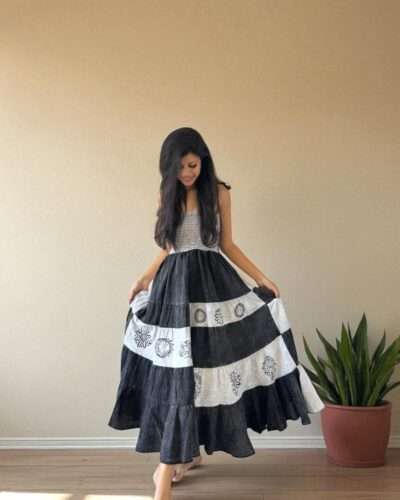 woman wearing handmade cotton dress balck and white
