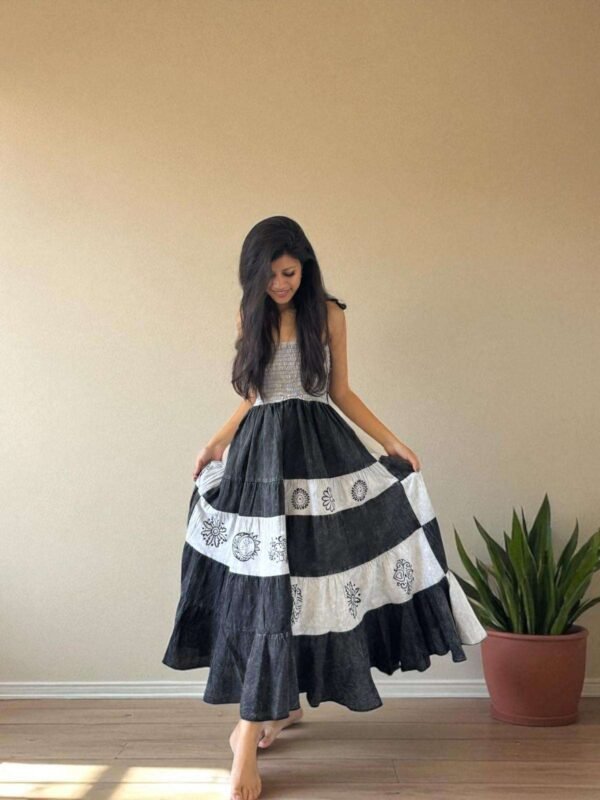 woman wearing handmade cotton dress balck and white