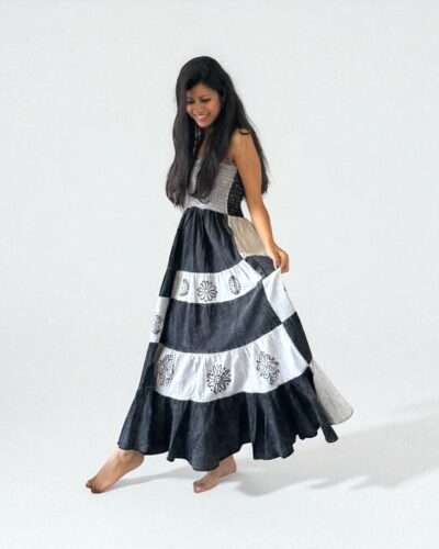 woman wearing handmade cotton dress black and white