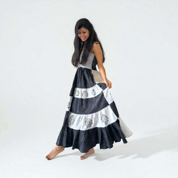 woman wearing handmade cotton dress black and white