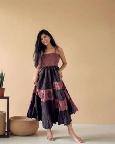 woman wearing handmade cotton dress brown