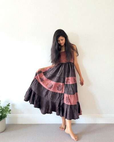 woman wearing handmade cotton dress brown