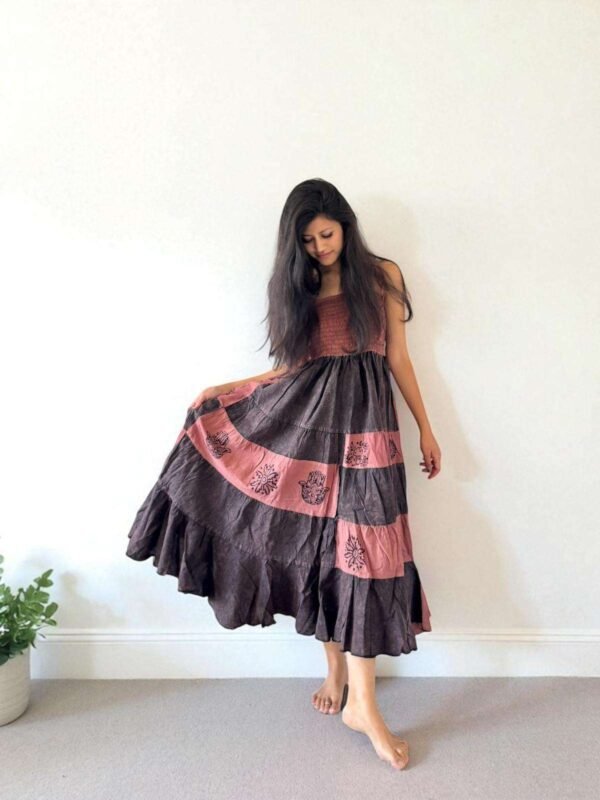 woman wearing handmade cotton dress brown