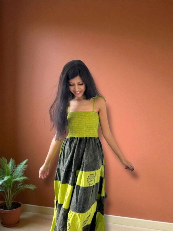 woman wearing handmade cotton dress green