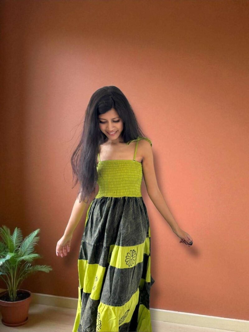 woman wearing handmade cotton dress green