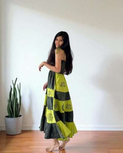 woman wearing handmade cotton dress green