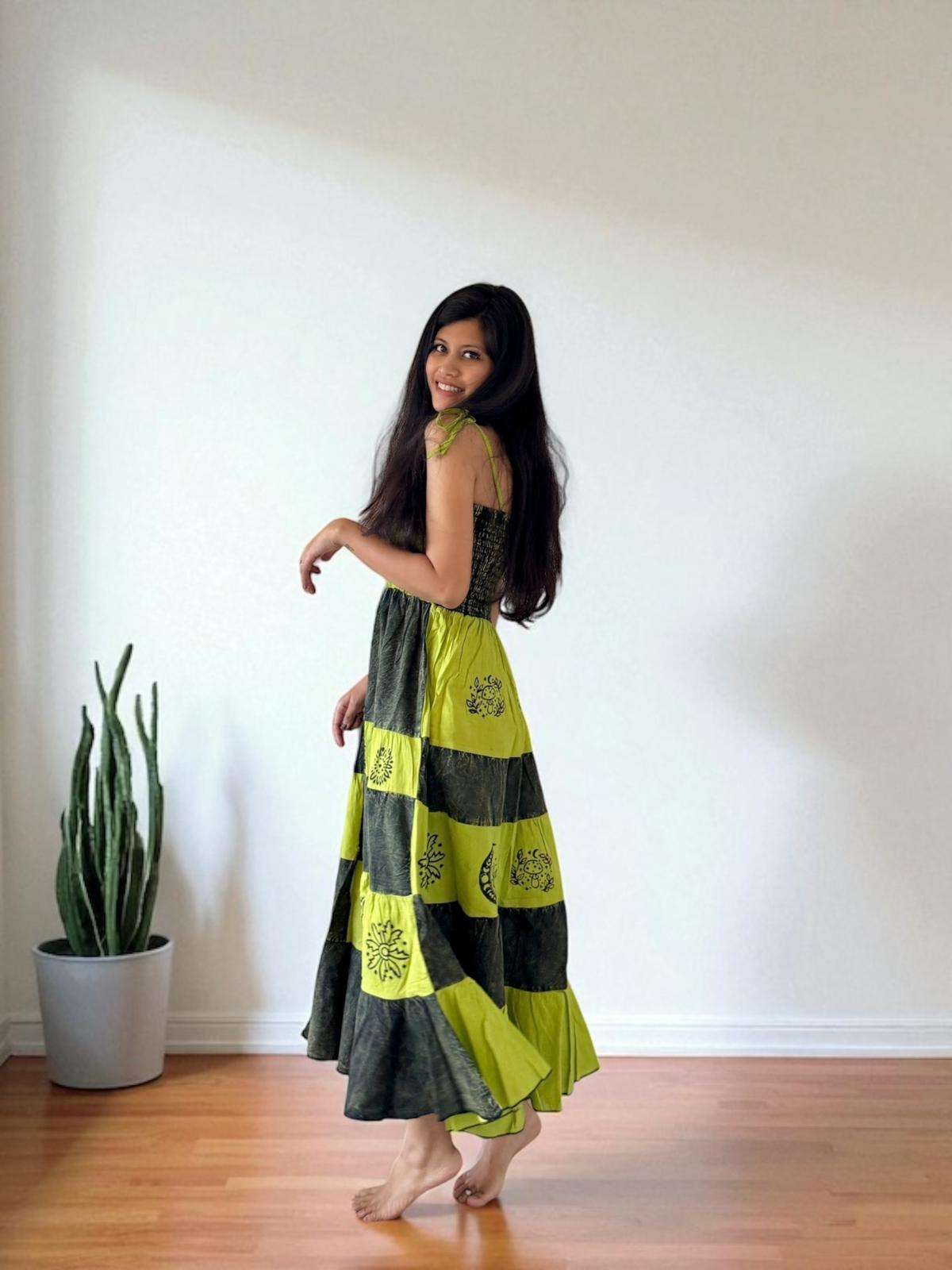 woman wearing handmade cotton dress green