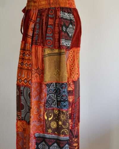side view of colorful boho trousers with drawstring for women