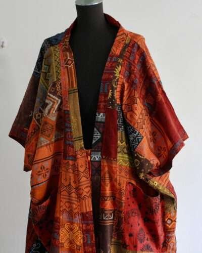 Patchwork boho overall half photo on a mannequin