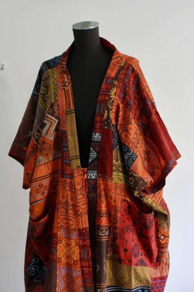 Patchwork boho overall half photo on a mannequin